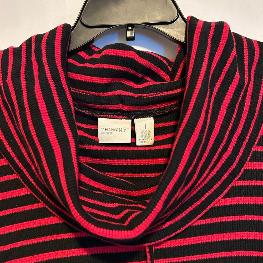 Chicos Zenergy Red Cowl Neck Sweater Striped Long Sleeve Tunic Size 8 Medium - Picture 6 of 9